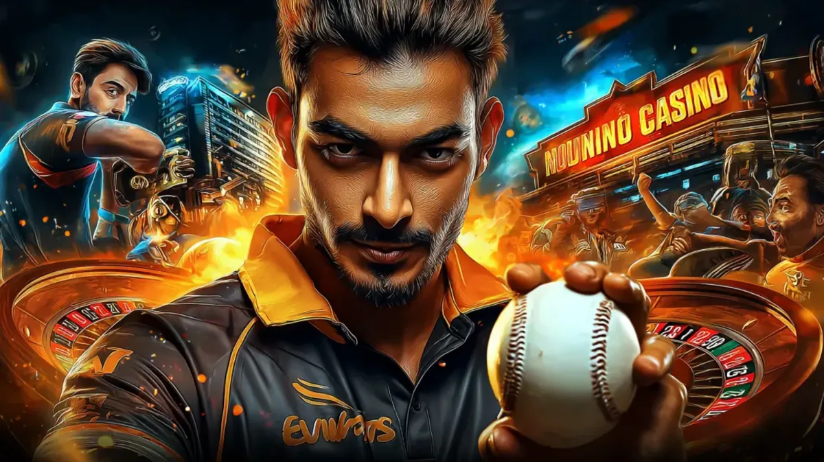 একজন তীব্র ক্রিকেট খেলোয়াড় ক্রিকেট বল ধরে একটি সমন্বিত ছবিতে—খেলার স্টেডিয়ামকে banglabet88 গেমিং প্ল্যাটফর্মের উজ্জ্বল নিওন আলোয় ভরপুর পরিবেশের সঙ্গে মিলিয়ে দেওয়া হয়েছে।