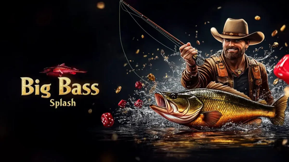 এই Big Bass Splash আরকেড-গেমের প্রচারণায় কাউবয় হ্যাট পরা এক খুশি জেলে একটি বড় Bass মাছ টেনে ধরেন, banglabet88-এ খেলার জন্য উপলব্ধ।
